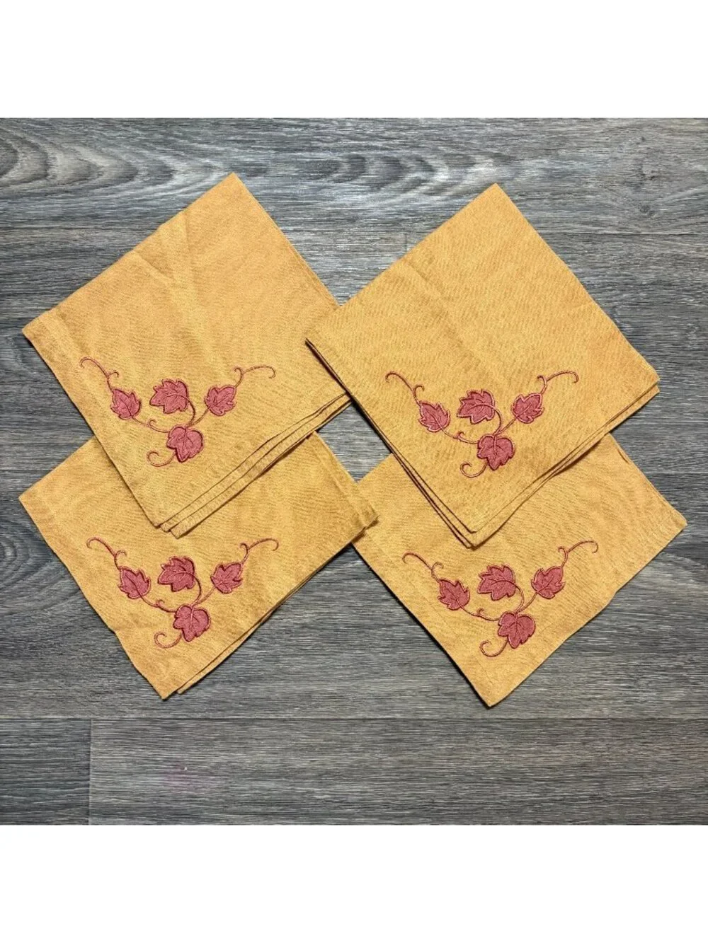 Set 4 Embroidered Linen Blend Napkins Red Leaf Design Harvest Thanksgiving Fall